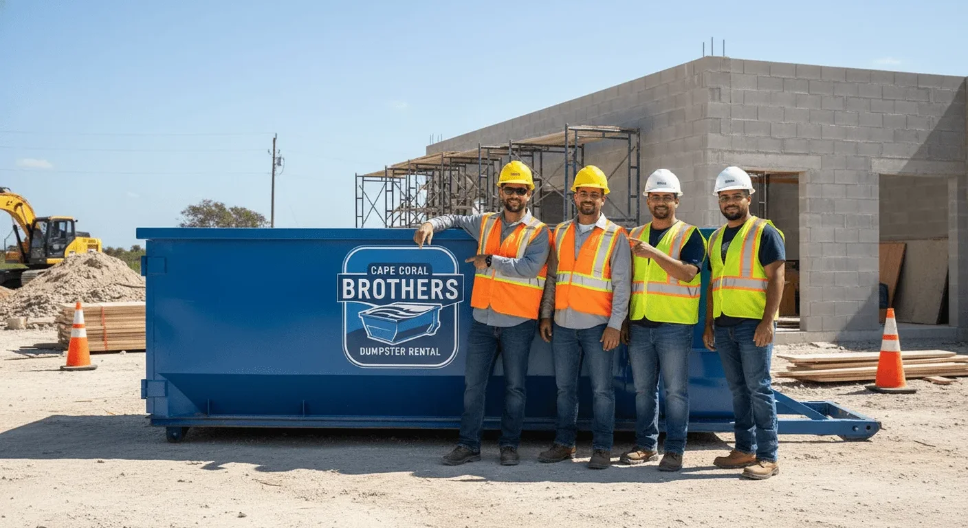 Meet the Cape Coral Brothers Dumpster Rental Team - Cape Coral, FL The Cape Coral Brothers Dumpster Rental team talking through a job near the company yard